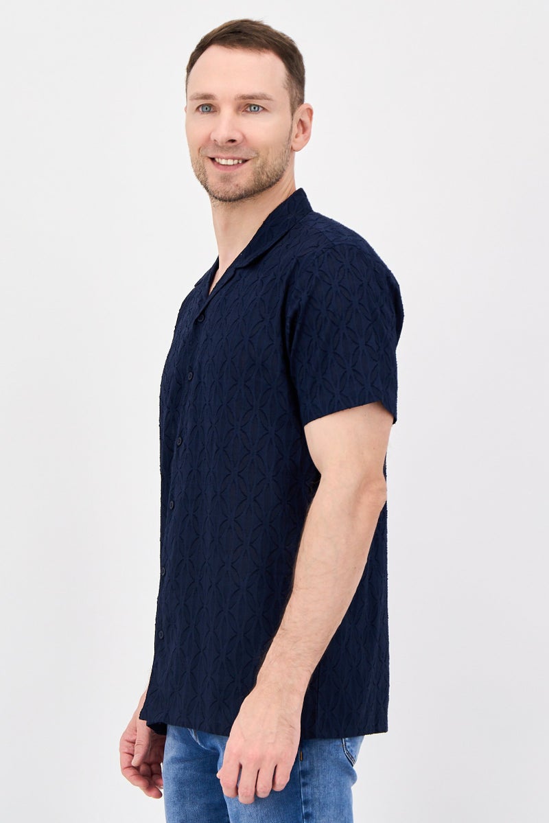 Threadbare Men Regular Fit Short Sleeve Textured Casual Shirt, Navy - Image 3